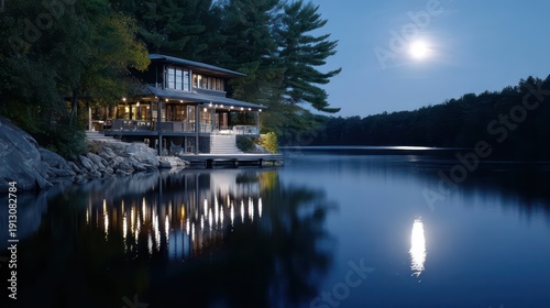 Illuminated waterside dwelling reflects bright moonlight upon still lake surface at night