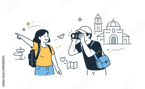 Travel photography together. A couple stopping to take photos of architecture, one person framing a shot while the other points