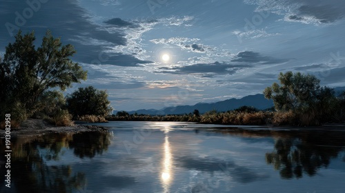Bright full moon illuminates dark landscape above still water in wilderness setting