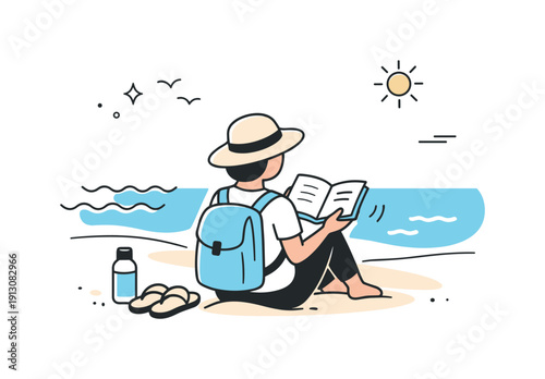 A solo traveler reading a book on a beach. A person sits comfortably on the sand with an open book, facing the sea under a clear blue sky.