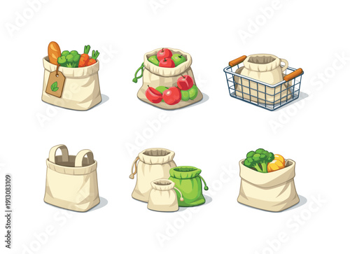 Cloth produce bags. Isometric flat vector icons set of cloth produce bags: packed grocery bag with tag, drawstring pouch with apples, cloth