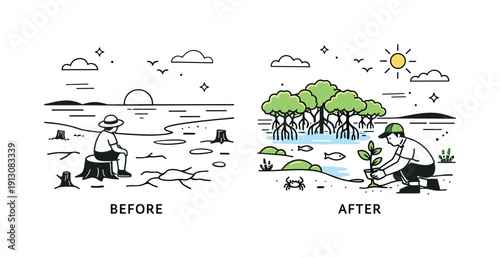 Mangrove restoration. Before-and-after scene showing a bare coastline transforming into a healthy mangrove forest. The mood conveys recovery,