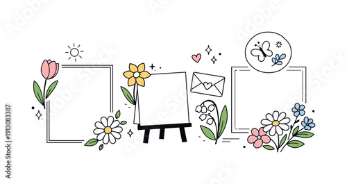 Spring Floral Design. Spring floral elements. A clean composition of spring flowers combined with simple frames and cards, suitable for seasonal editorial