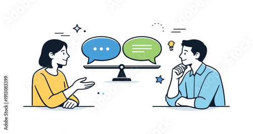 Debates. Two people calmly exchanging opinions with speech bubbles balanced between them. The scene highlights respectful dialogue,