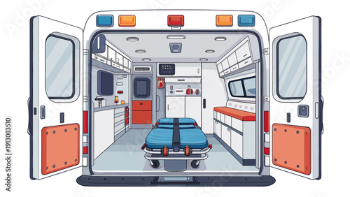 Ambulance interior with stretcher and medical equipment in white  