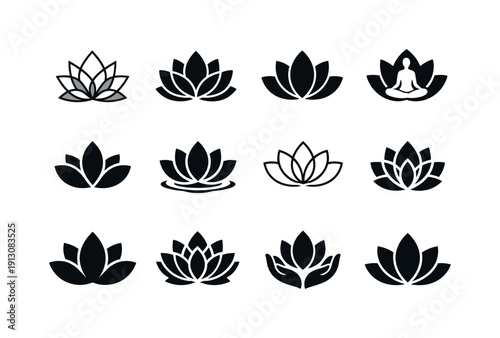 Inner peace. Icon set. Set Logo of inner peace: lotus flower symbol. harmonious logo variations of the same emblematic concept, each with