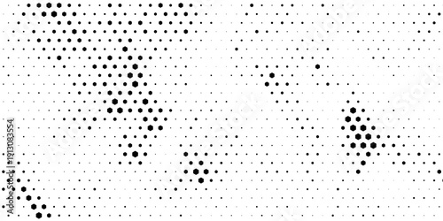 Hexagon halftone gradient texture. Abstract black and white spotted grunge background. Geometric retro tech wallpaper. Fading wavy hexagonal pattern backdrop. Vector vanishing honeycomb grunge overlay