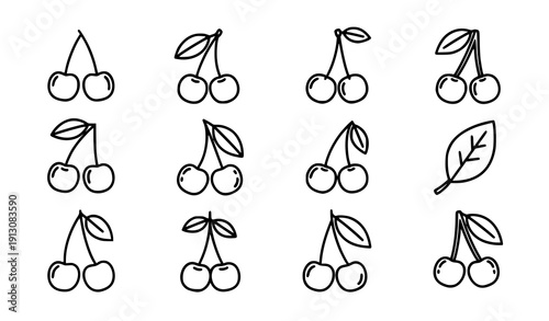 Outline cherry fruit and berries line icon set