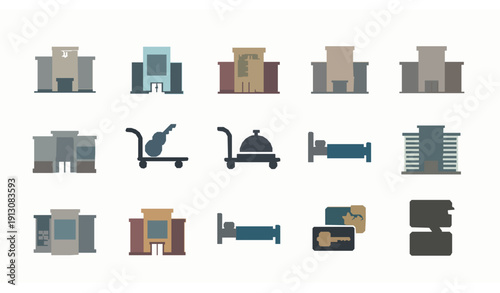 Modern flat hotel building and star rating icon vector set