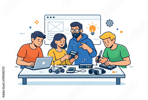 Startup team building a new tech product in a lab gathered around a workbench with laptops, prototype devices and a shared screen, capturing