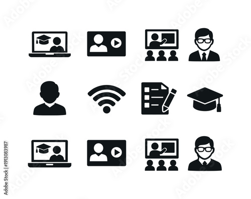   Remote Education. Filled icon set of Remote Education: laptop learning, video lecture,