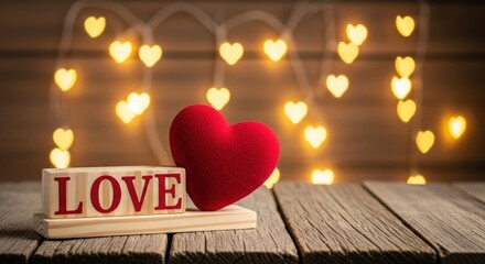 A wooden block with the word 'LOVE' and a red heart on a wooden table with a wooden background and fairy lights.