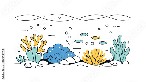 Vibrant Coral Habitat. Healthy coral reef. Colorful corals and sea plants forming a natural habitat, small fish moving gently between them. Calm underwater