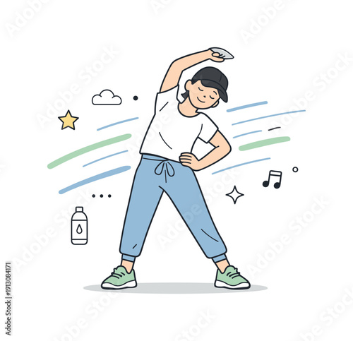 Active lifestyle apparel. A person in comfortable sportswear stretches lightly while abstract motion lines suggest movement and energy.