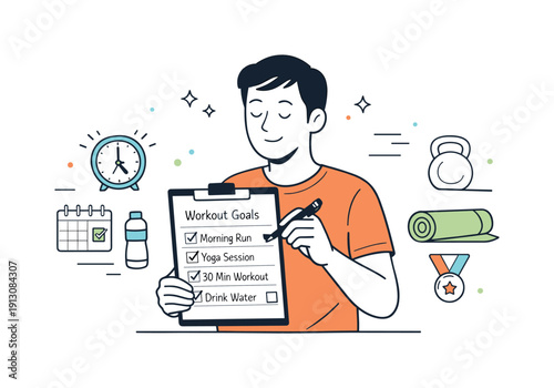 Staying active mindset. A person checking off completed workout goals on a simple list, calm and satisfied. Small icons highlight discipline