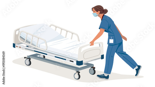 Nurse pushing hospital bed through medical facility corridor  