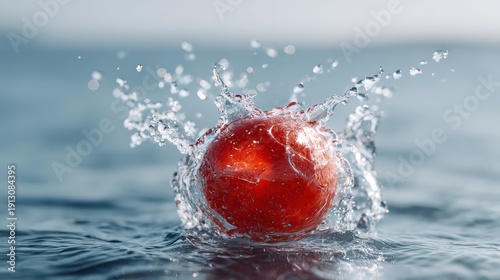 Red spherical object makes a dramatic splash upon impacting the water surface