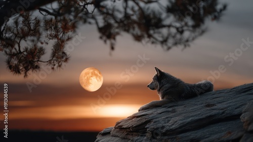 Solitary canine rests upon a rugged outcrop while observing a large, bright moon in the twilight sky.
