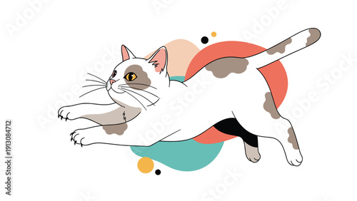Playful white cat with charming brown spots captured in a dynamic leap, set against a backdrop of abstract colorful shapes.