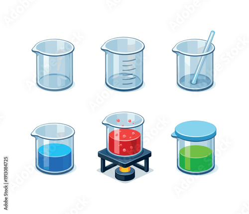    Beakers. Isometric flat vector icons set of Beakers: glass beaker, graduated beaker, mixing beaker, beaker with liquid, heated beaker,