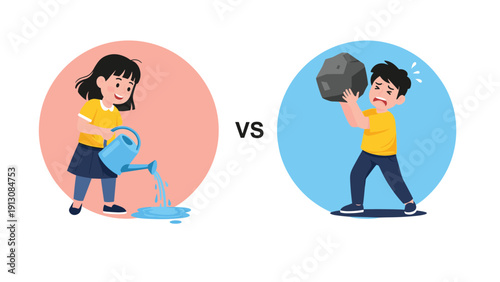 Simple visual comparison illustrating the concepts of light and heavy, featuring a girl watering plants and a boy lifting a rock.