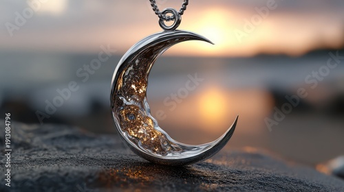 Ornate crescent shaped pendant rests upon a dark textured surface near water at twilight