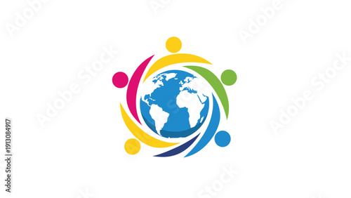 Symbolic graphic showcasing a vibrant global community with diverse colorful figures circling the earth, representing unity and connection.