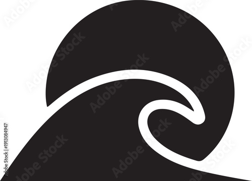 Ocean Wave Icon Solid Minimal Design, Black solid ocean wave icon with smooth curling crest, representing sea power, surfing, coastal lifestyle, marine nature and water movement concepts.

