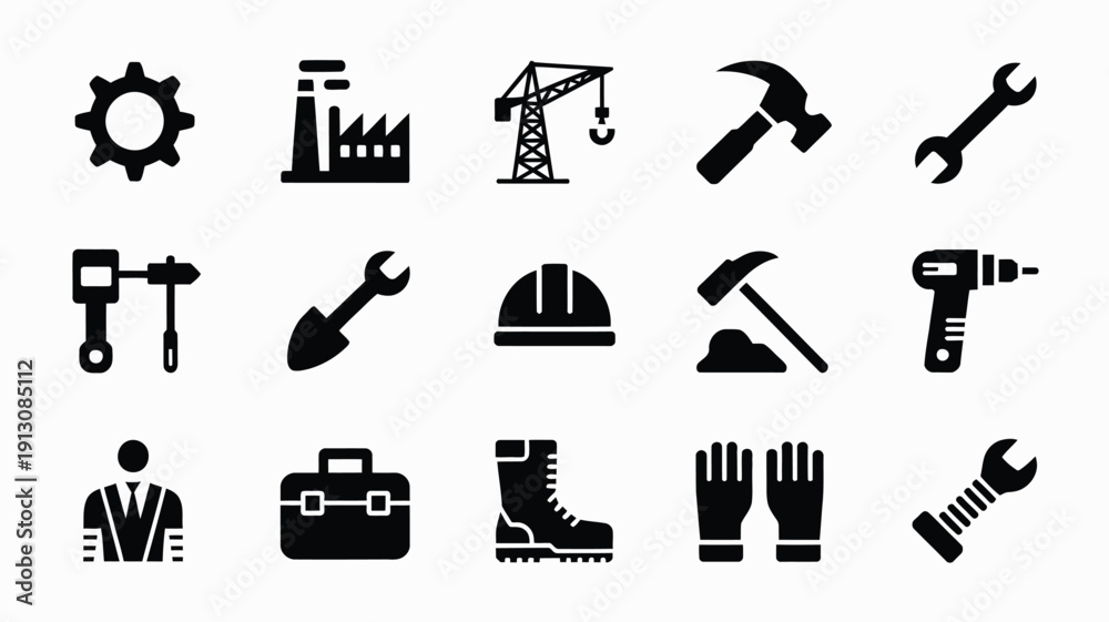 Obraz premium Collection of black silhouette icons depicting various construction and industrial tools and equipment on a white background for design and labor day themes