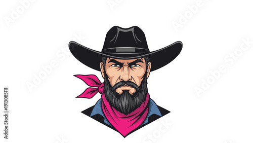 Detailed portrait illustration of a rugged cowboy, featuring a striking beard, classic black hat, and vibrant pink bandana.