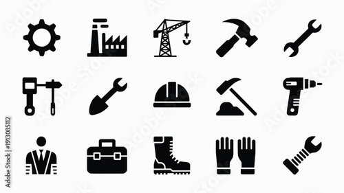 Collection of black silhouette icons depicting various construction and industrial tools and equipment on a white background for design and labor day themes