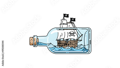 Captivating and whimsical illustration of a classic pirate ship with skull flags, perfectly contained within a glass bottle on gentle waves.