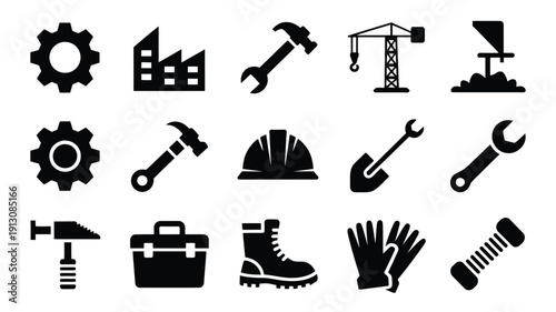 Industrial tools and equipment icons set including hammer wrench gear hard hat and safety gear on white background for construction and industry concepts