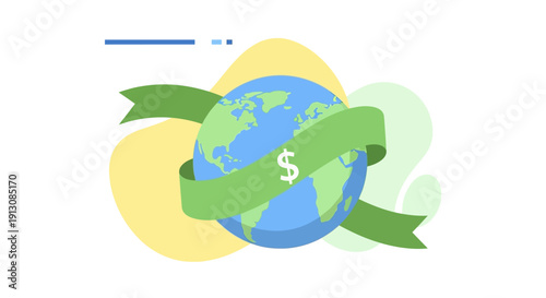 Globe Wrapped in Green Ribbon with Dollar Sign.