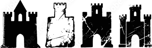set of four distressed black castle silhouettes with various tower designs and arched entrances