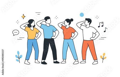 Social mirroring behavior. Group of people unconsciously matching movements and poses, sense of connection and harmony. Minimal characters