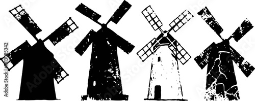 Four vintage windmills with varying designs in black and white silhouette