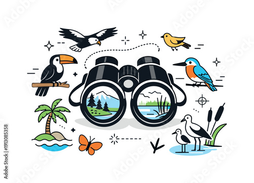 Nature travel for bird lovers. Abstract composition combining binoculars, birds, and rare habitat elements, suggesting specialized wildlife