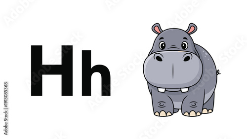 Educational alphabet image showcasing the uppercase and lowercase letter Hh alongside an adorable cartoon hippo with big eyes.