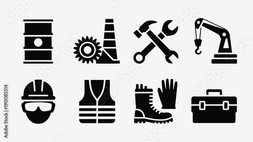 Engineering equipment icons set including tools and safety gear on a white background for industrial and construction concepts