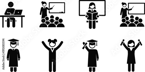 Education icons set teacher student graduation classroom learning school vector illustration isolated on white background - flat vector illustration