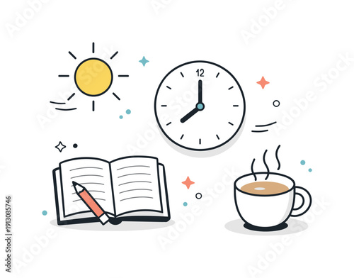 Calm and productive morning concept. Abstract composition with icons of sun, clock, notebook, and coffee arranged harmoniously. Editorial