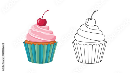 Delicious illustration of a colorful cupcake with pink frosting and a cherry on top, paired with its black and white outline.