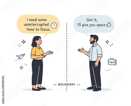    Boundary setting at work communication. Two colleagues standing across from each other with gentle speech bubbles and a visible boundary