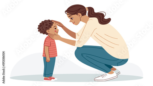 Mother kneeling and comforting young child with curly hair  