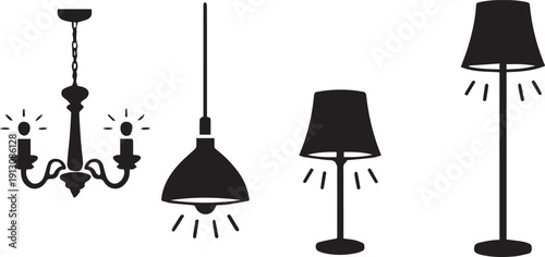 Collection of Interior Lighting Fixtures Black Silhouette Icons