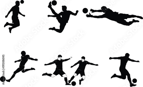 Seven black silhouettes of soccer players in various poses kicking and heading the ball with dynamic movements and actions on a white background