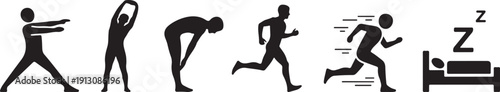 Fitness routine icons, stick figure silhouettes showing stretching, running and sleep rest sequence for healthy lifestyle design