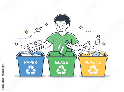 Recycling education concept. Clear icons of paper, glass, and plastic being sorted by a person, promoting awareness and good