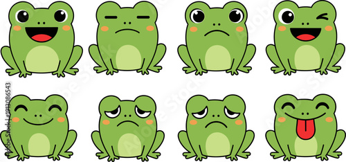 Cute cartoon frog character set, funny green amphibian with different facial expressions isolated on white background for kids illustration design